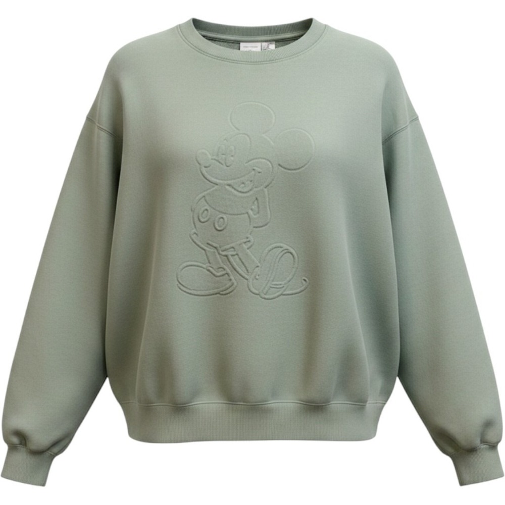 H&M Disney Mickey Mouse Sweatshirt Women L Green Embossed Pullover Crewneck Cozy